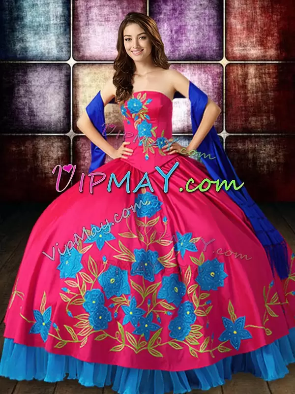 Hot Pink Sleeveless Embroidery Floor Length Quinceanera Gowns