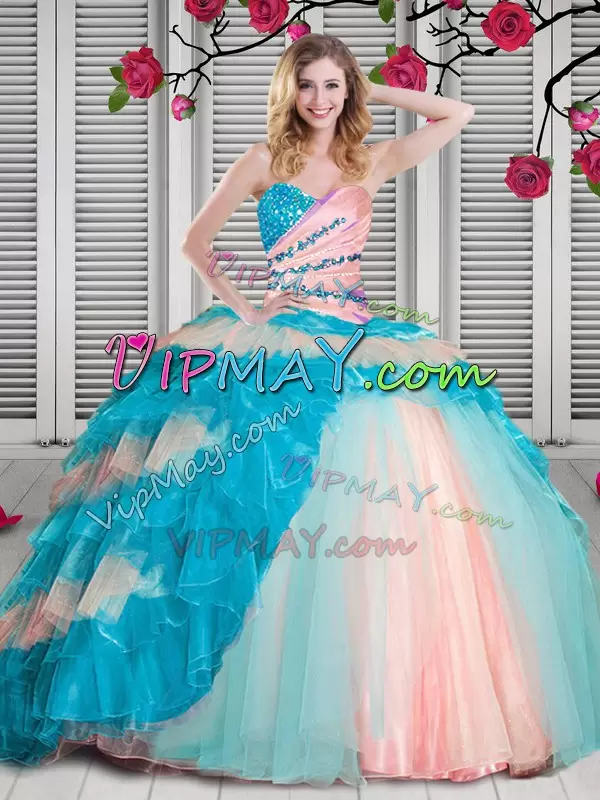 Multi-color Ball Gowns Organza Sweetheart Sleeveless Beading and Ruching Floor Length Lace Up Ball Gown Prom Dress