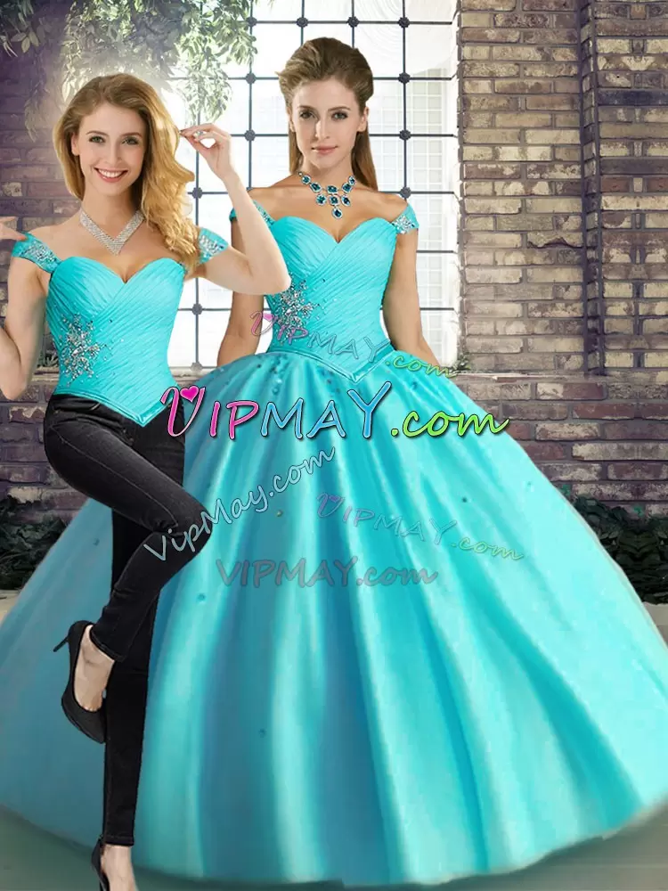 Inexpensive Aqua Blue Lace Up Sweet 16 Dresses Beading Sleeveless Floor Length