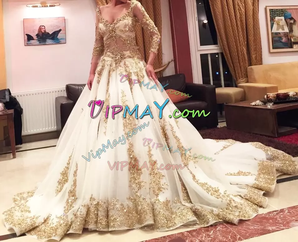 Elegant Sweet 16 Quinceanera Dress Champagne Gold with Lace Long Sleeves Train