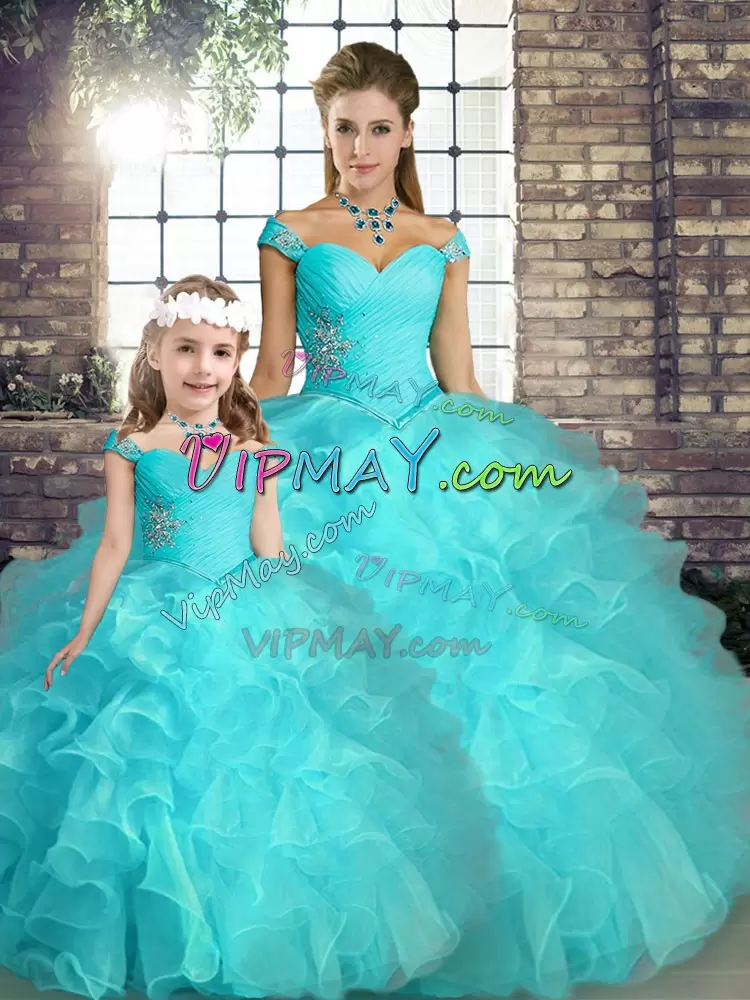 High Quality Organza Sleeveless Floor Length 15th Birthday Dress and Beading and Ruffles