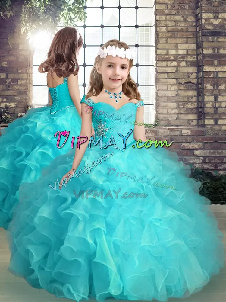 High Quality Organza Sleeveless Floor Length 15th Birthday Dress and Beading and Ruffles