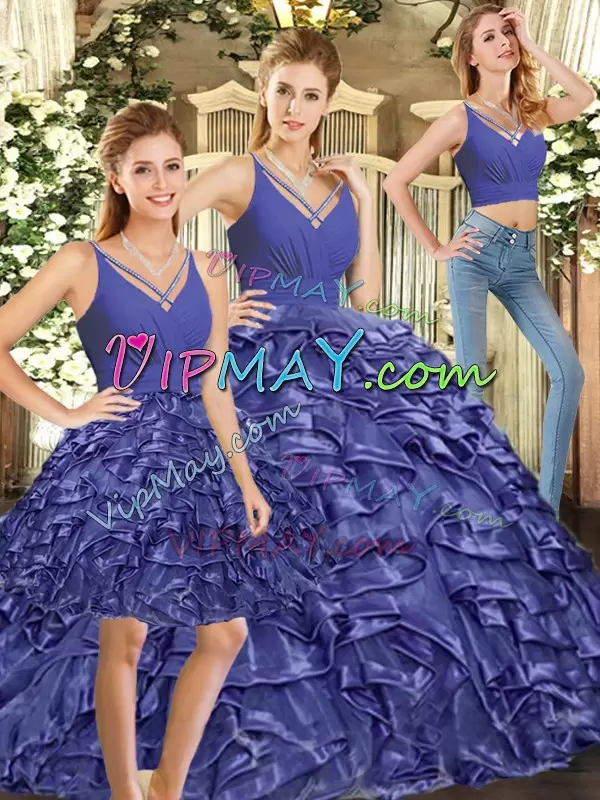 Delicate Floor Length Lavender 15 Quinceanera Dress V-neck Sleeveless Brush Train Backless