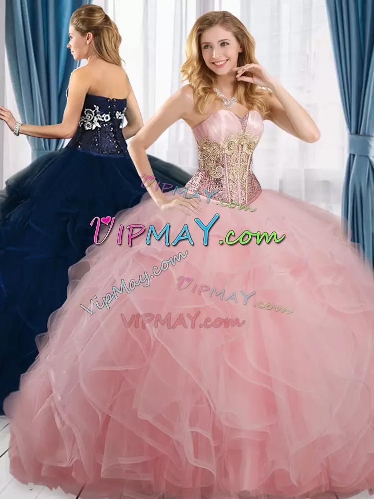 Floor Length Ball Gowns Sleeveless Pink Ball Gown Prom Dress Lace Up