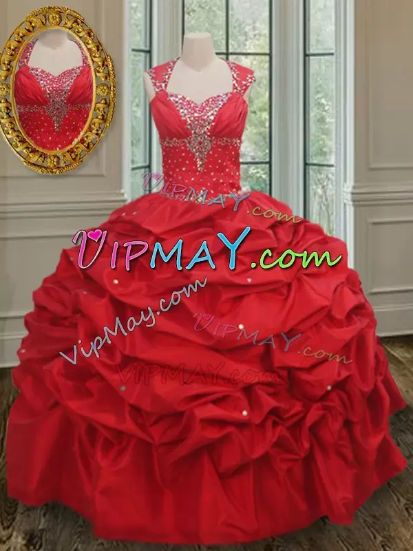 Custom Fit Floor Length Red Ball Gown Prom Dress Straps Cap Sleeves Lace Up