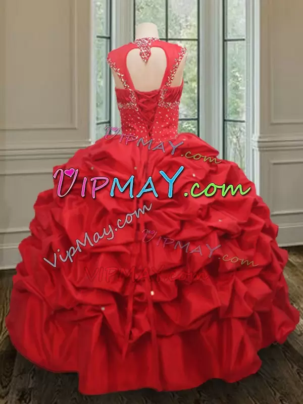 Custom Fit Floor Length Red Ball Gown Prom Dress Straps Cap Sleeves Lace Up