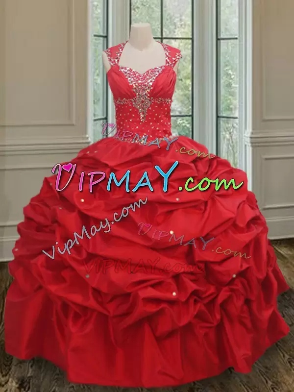 Custom Fit Floor Length Red Ball Gown Prom Dress Straps Cap Sleeves Lace Up