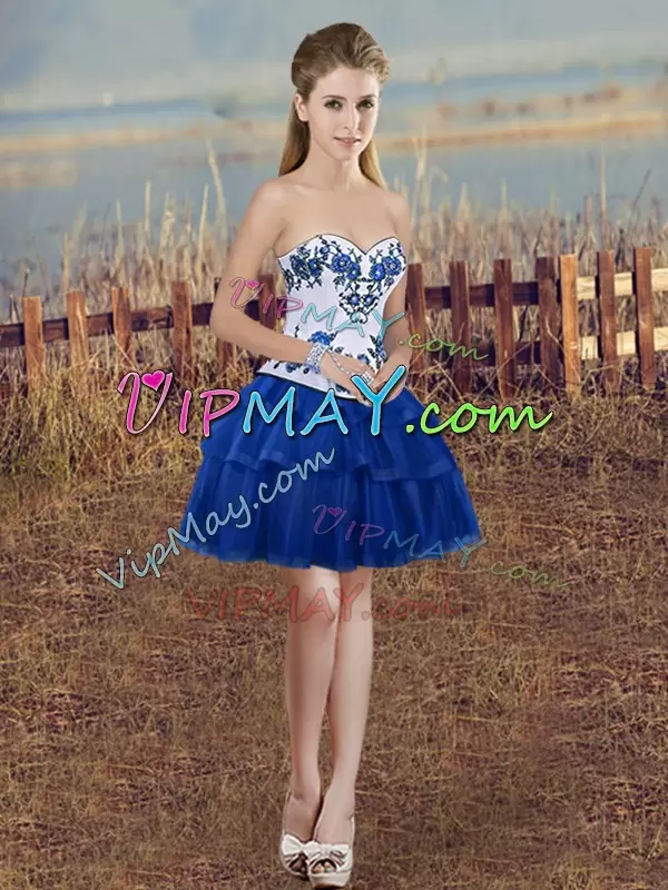 Sleeveless Tulle Floor Length Lace Up Sweet 16 Dress in Royal Blue with Embroidery and Bowknot