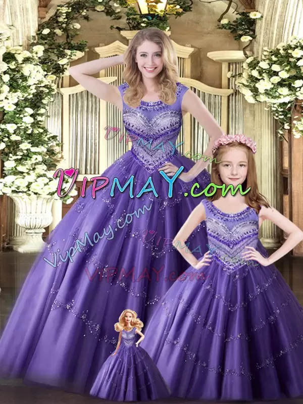 Scoop Sleeveless Sweet 16 Quinceanera Dress Floor Length Beading Eggplant Purple Tulle