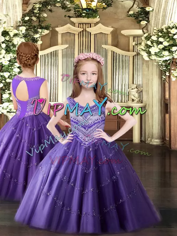 Scoop Sleeveless Sweet 16 Quinceanera Dress Floor Length Beading Eggplant Purple Tulle