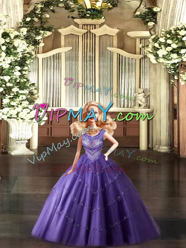 Scoop Sleeveless Sweet 16 Quinceanera Dress Floor Length Beading Eggplant Purple Tulle