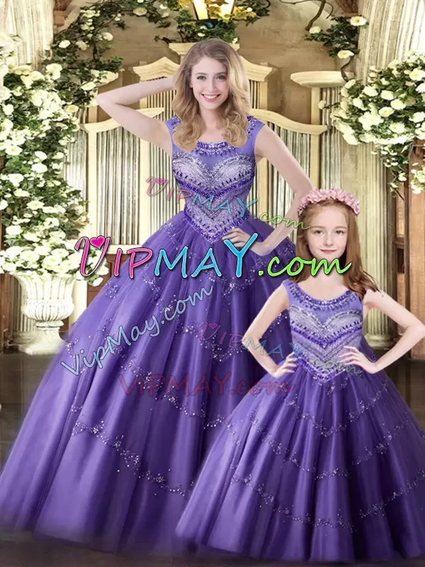 Scoop Sleeveless Sweet 16 Quinceanera Dress Floor Length Beading Eggplant Purple Tulle