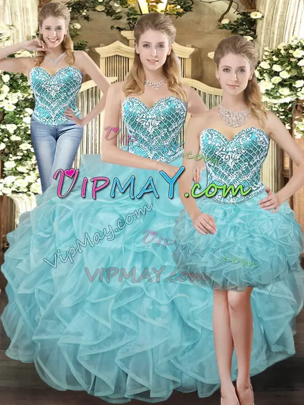 Exceptional Floor Length Lace Up Sweet 16 Dress Aqua Blue for Military Ball and Sweet 16 and Quinceanera with Beading and Ruffles