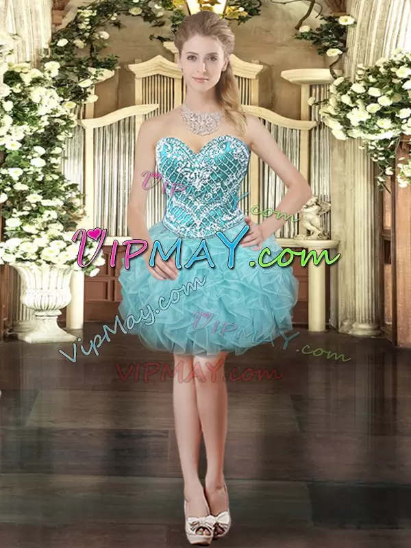 Exceptional Floor Length Lace Up Sweet 16 Dress Aqua Blue for Military Ball and Sweet 16 and Quinceanera with Beading and Ruffles