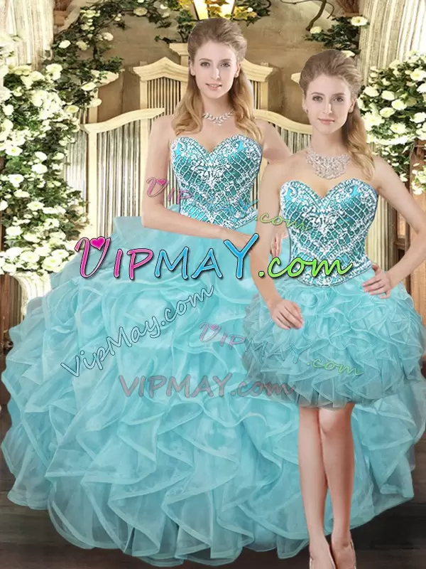 Exceptional Floor Length Lace Up Sweet 16 Dress Aqua Blue for Military Ball and Sweet 16 and Quinceanera with Beading and Ruffles