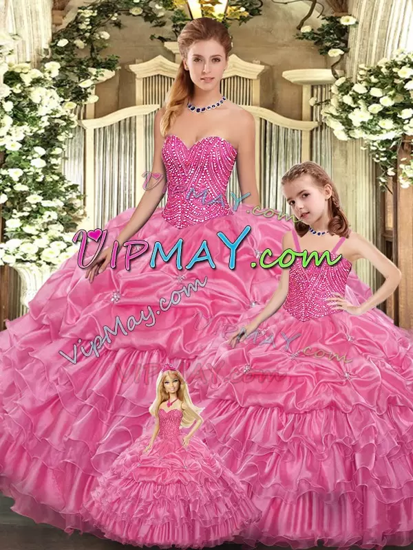 Dynamic Rose Pink Sweetheart Neckline Beading and Ruffled Layers Quince Ball Gowns Sleeveless Lace Up