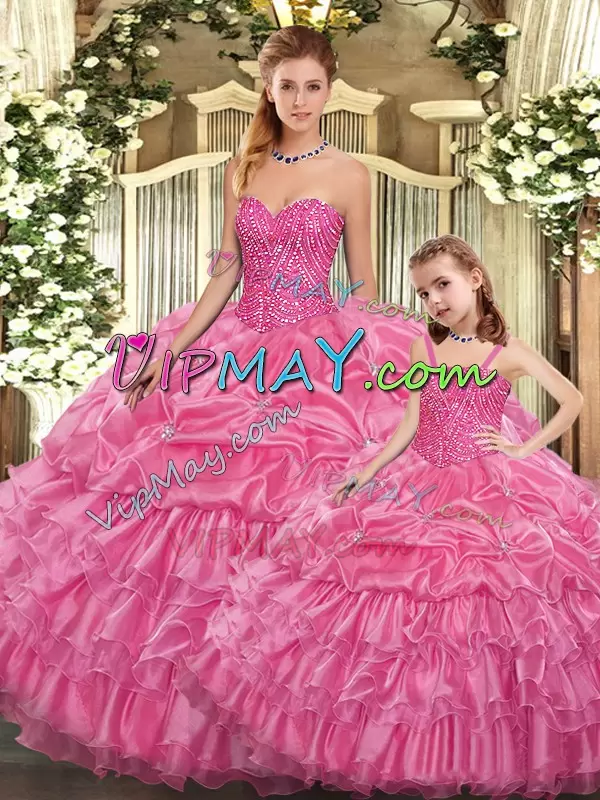 Dynamic Rose Pink Sweetheart Neckline Beading and Ruffled Layers Quince Ball Gowns Sleeveless Lace Up