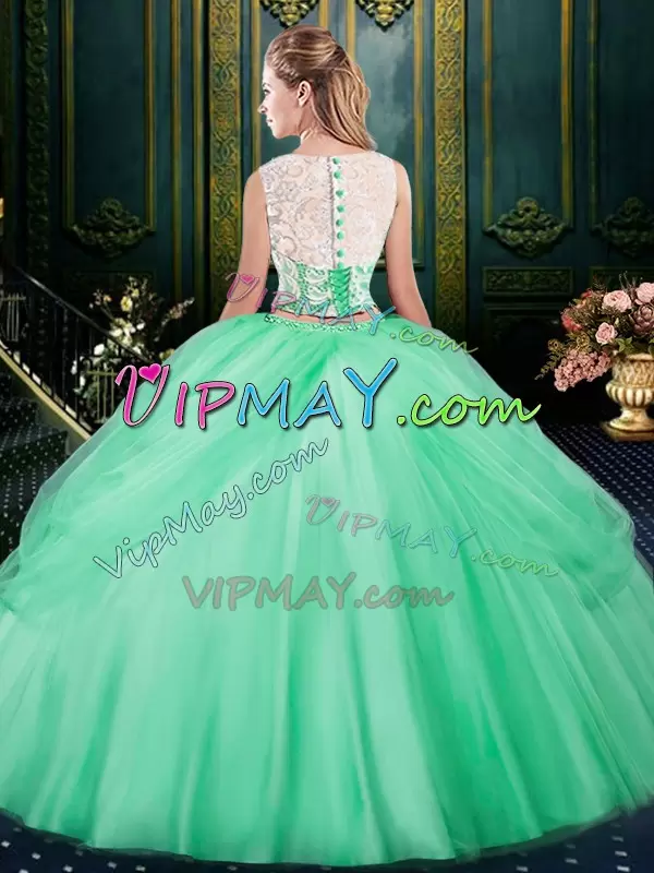 Spectacular Scoop Sleeveless Zipper Sweet 16 Dress Apple Green Satin and Tulle Lace and Pick Ups