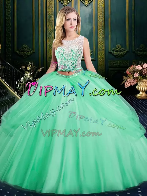 Spectacular Scoop Sleeveless Zipper Sweet 16 Dress Apple Green Satin and Tulle Lace and Pick Ups