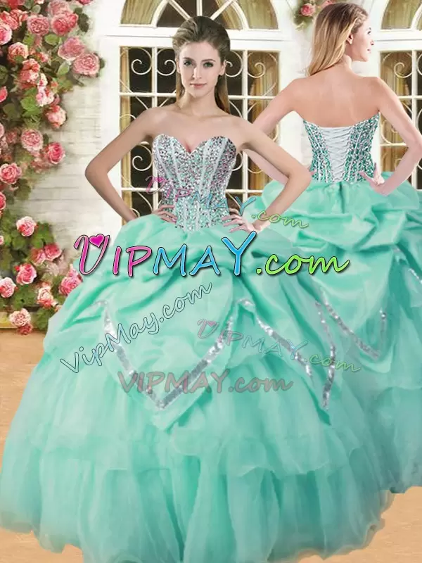 Sweetheart Sleeveless 15th Birthday Dress Floor Length Beading and Pick Ups Apple Green Organza