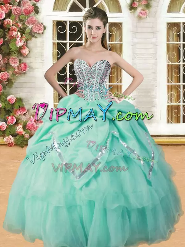 Sweetheart Sleeveless 15th Birthday Dress Floor Length Beading and Pick Ups Apple Green Organza