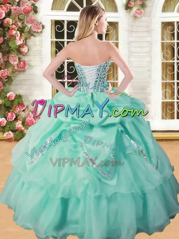 Sweetheart Sleeveless 15th Birthday Dress Floor Length Beading and Pick Ups Apple Green Organza