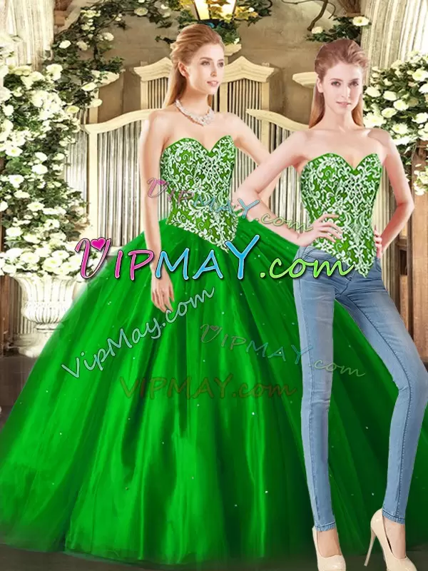 Sleeveless Floor Length Beading Lace Up Sweet 16 Quinceanera Dress with Green