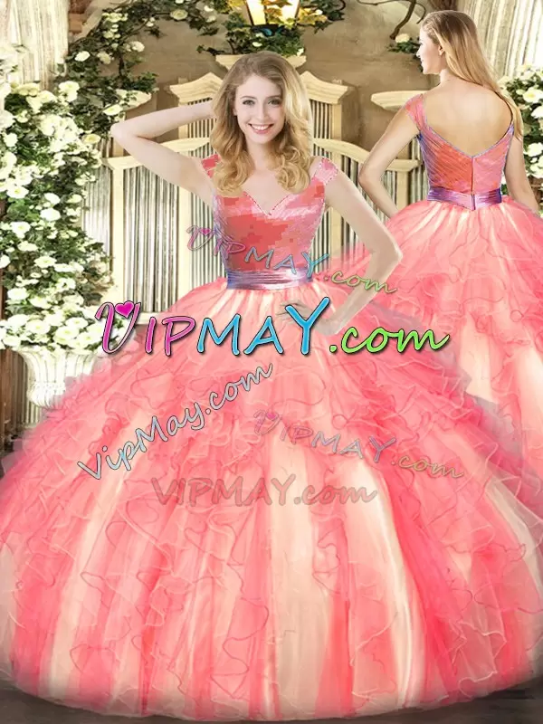 Watermelon Red Zipper Ball Gown Prom Dress Beading and Ruffles Sleeveless Floor Length