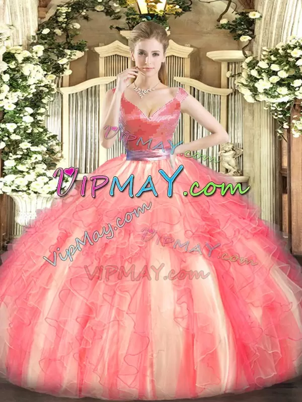 Watermelon Red Zipper Ball Gown Prom Dress Beading and Ruffles Sleeveless Floor Length