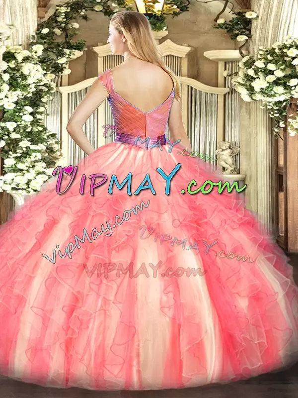 Watermelon Red Zipper Ball Gown Prom Dress Beading and Ruffles Sleeveless Floor Length