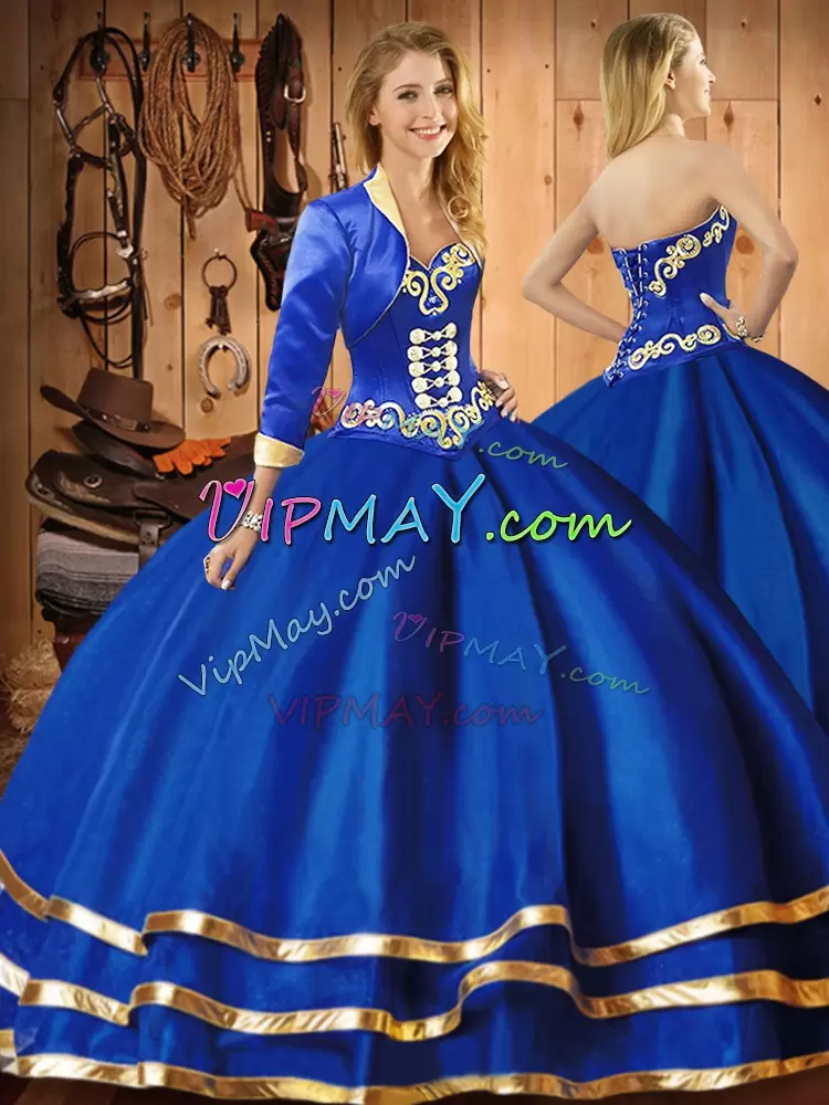 Mexico Themed Royal Blue Sweetheart Organza Sweet 16 Dress with Gold Embroidery and Buttons