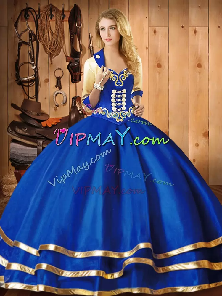 Mexico Themed Royal Blue Sweetheart Organza Sweet 16 Dress with Gold Embroidery and Buttons