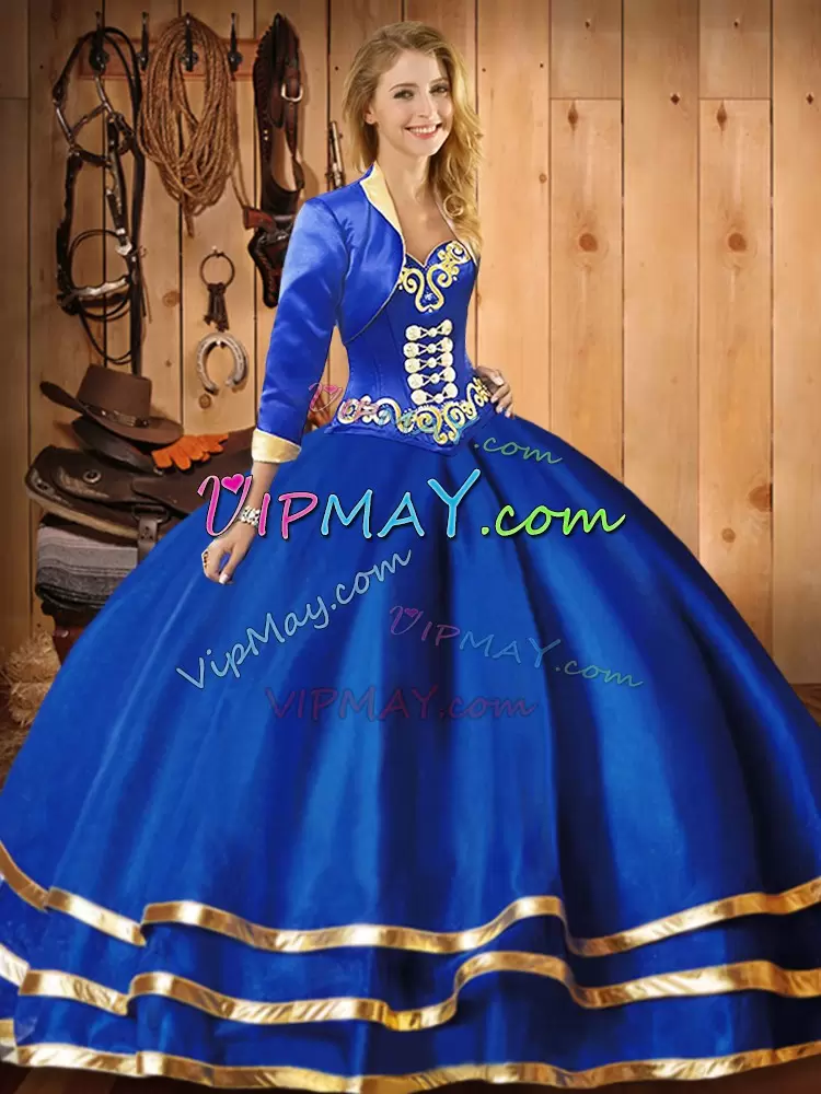 Mexico Themed Royal Blue Sweetheart Organza Sweet 16 Dress with Gold Embroidery and Buttons