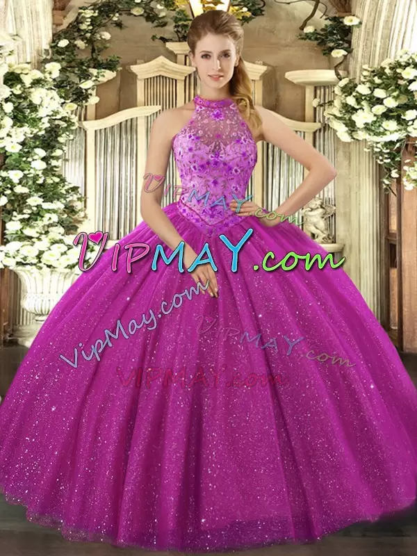 Floor Length Ball Gowns Sleeveless Fuchsia Vestidos de Quinceanera Lace Up