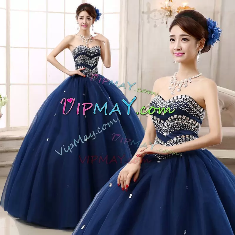 Fancy Navy Blue Sleeveless Tulle Lace Up Vestidos de Quinceanera for Sweet 16 and Quinceanera