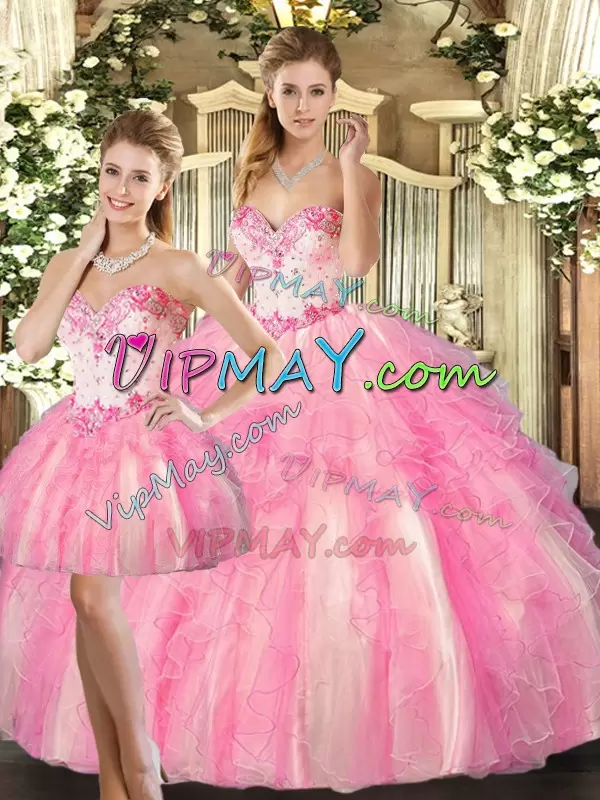 Fancy Rose Pink Sweetheart Neckline Beading and Ruffles Quinceanera Gowns Sleeveless Lace Up