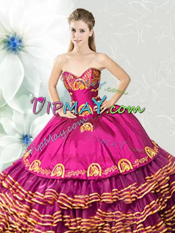 Custom Fit Sleeveless Sweetheart Embroidery and Ruffled Layers Lace Up Quinceanera Gowns