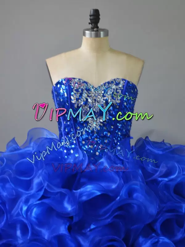 Royal Blue Lace Up Sweetheart Ruffles and Sequins 15th Birthday Dress Organza Sleeveless