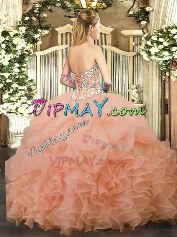 Peach Quinceanera Dresses Military Ball and Sweet 16 and Quinceanera with Beading and Ruffles and Pick Ups Sweetheart Sleeveless Lace Up