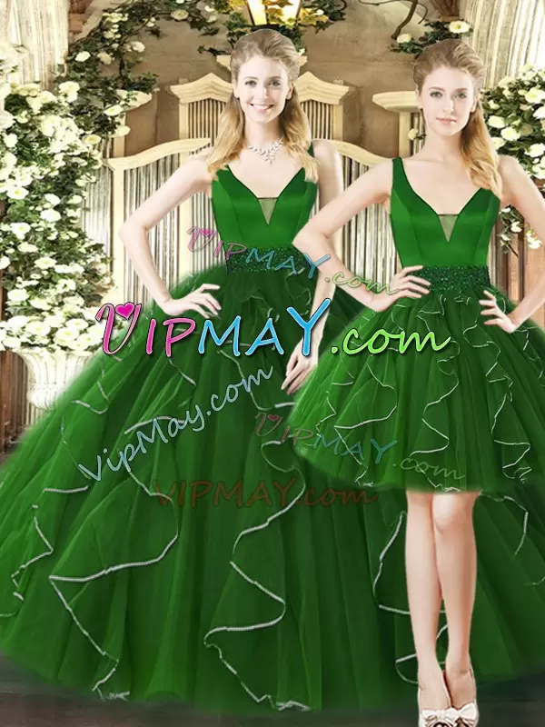 Fabulous Dark Green Sleeveless Ruffles Floor Length 15 Quinceanera Dress