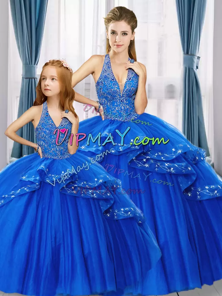 Hot Sale Royal Blue Sleeveless Beading Floor Length Sweet 16 Dress