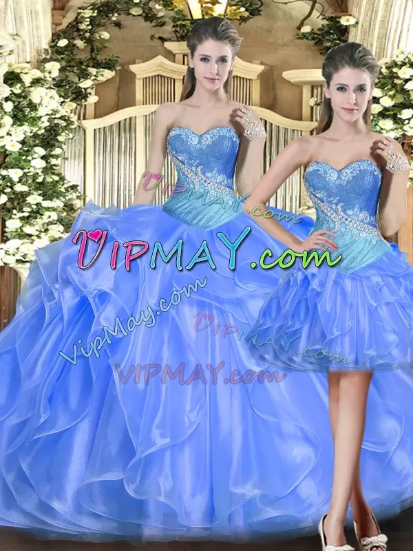 Sleeveless Floor Length Beading and Ruffles Lace Up 15th Birthday Dress with Baby Blue
