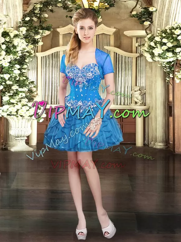 Blue Three Pieces Sweetheart Sleeveless Tulle Floor Length Lace Up Beading and Ruffles Sweet 16 Dresses