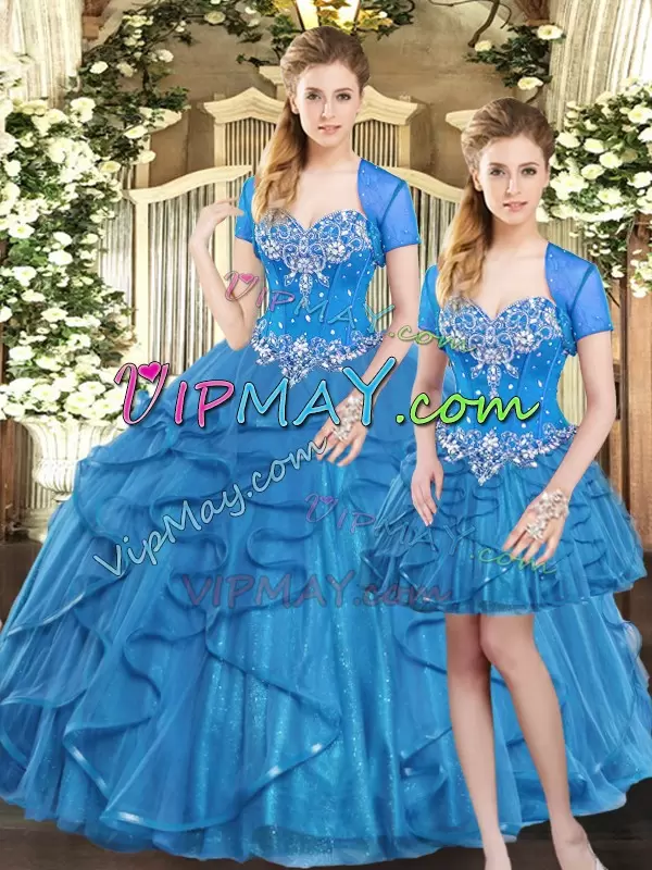 Blue Three Pieces Sweetheart Sleeveless Tulle Floor Length Lace Up Beading and Ruffles Sweet 16 Dresses