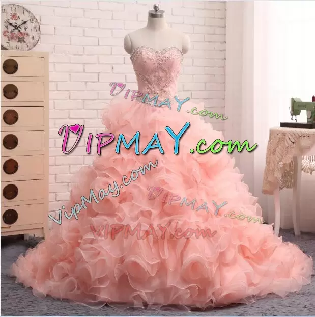 Organza Sweetheart Sleeveless Sweep Train Zipper Beading and Ruffles Vestidos de Quinceanera in Pink