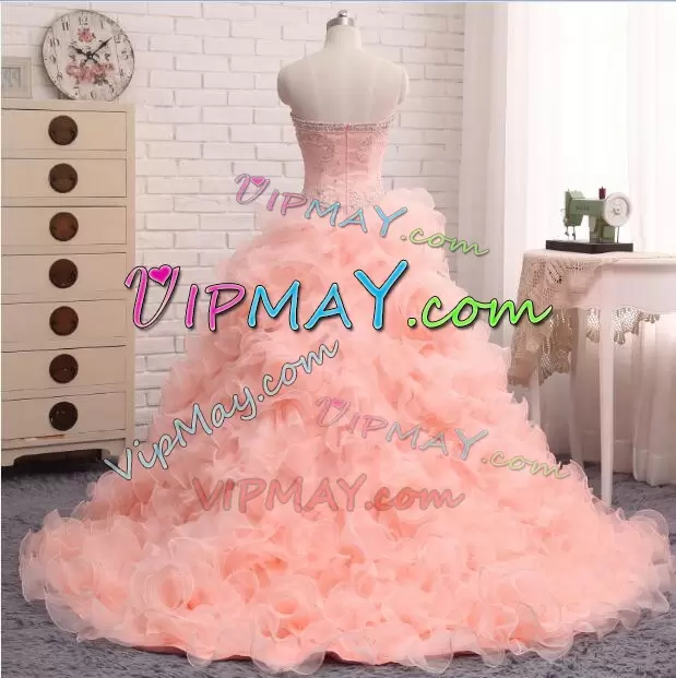 Organza Sweetheart Sleeveless Sweep Train Zipper Beading and Ruffles Vestidos de Quinceanera in Pink