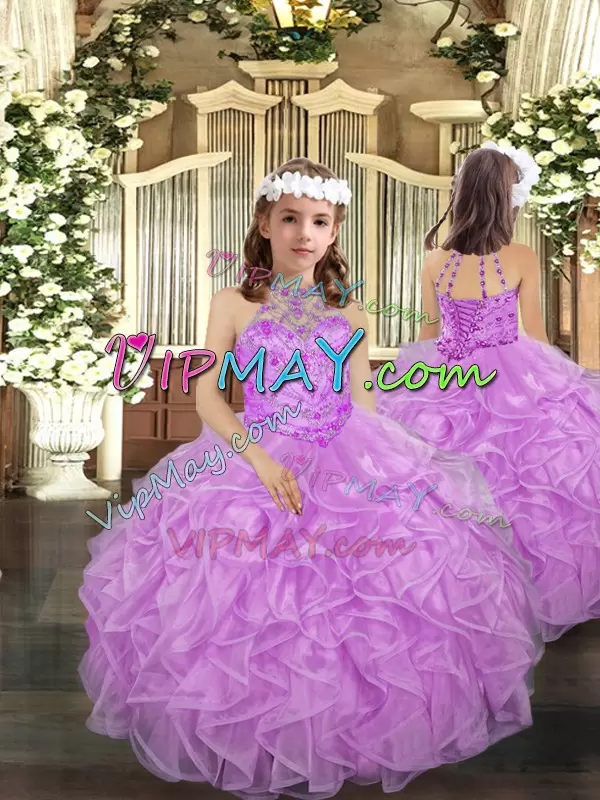 Lilac Tulle Lace Up 15 Quinceanera Dress Sleeveless Floor Length Beading and Ruffles