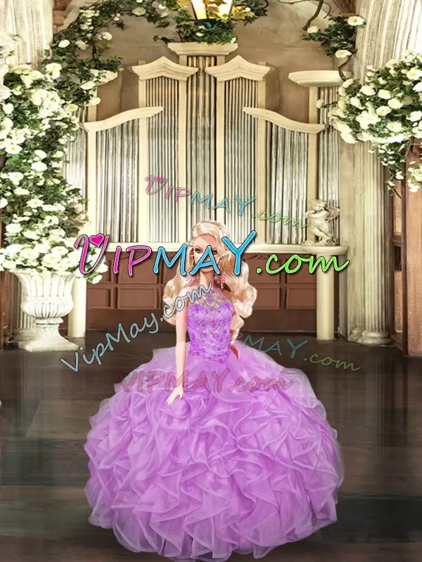 Lilac Tulle Lace Up 15 Quinceanera Dress Sleeveless Floor Length Beading and Ruffles