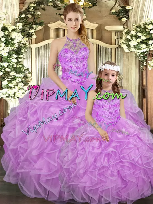 Lilac Tulle Lace Up 15 Quinceanera Dress Sleeveless Floor Length Beading and Ruffles