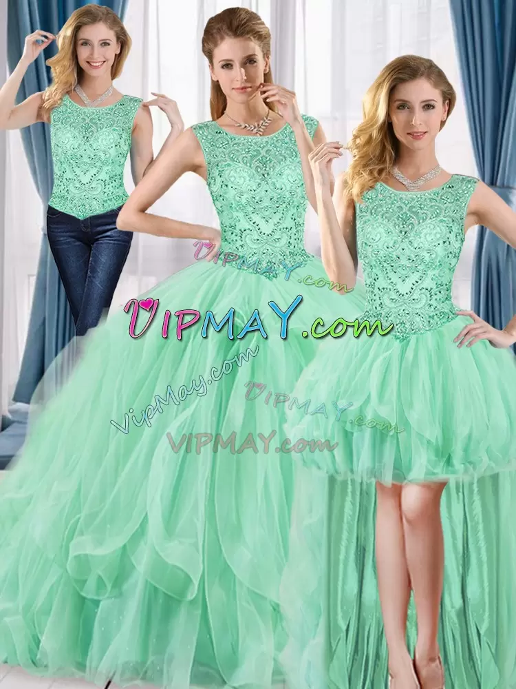 Designer Scoop Sleeveless Tulle Quinceanera Gowns Beading Lace Up